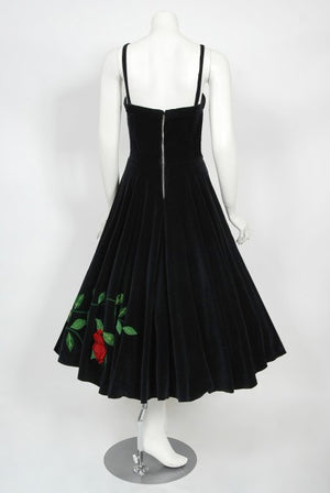 1950's Juli Lynne Charlot Red Roses Appliqué Black Velvet Full Dress
