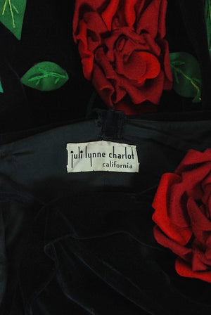 1950's Juli Lynne Charlot Red Roses Appliqué Black Velvet Full Dress