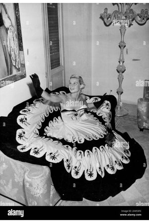 1950's Emilio Schuberth Couture Black & Ivory Embroidered Satin Dress