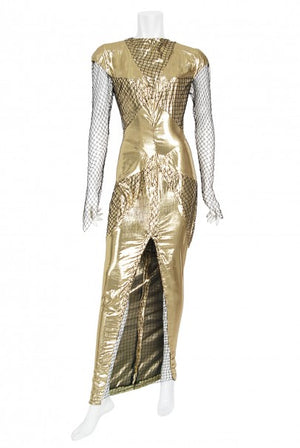 1985 Thierry Mugler Couture Metallic Gold Lamé & Fishnet High-Slit Gown