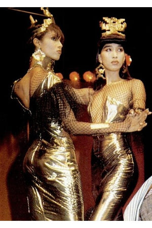 1985 Thierry Mugler Couture Metallic Gold Lamé & Fishnet High-Slit Gown