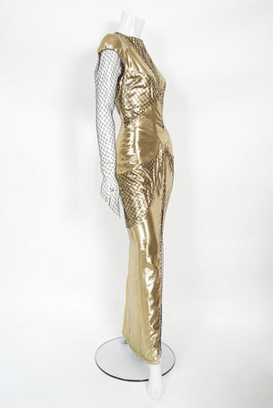1985 Thierry Mugler Couture Metallic Gold Lamé & Fishnet High-Slit Gown