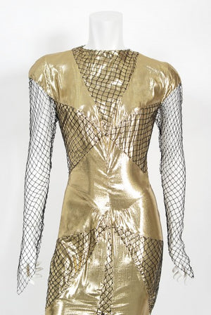 1985 Thierry Mugler Couture Metallic Gold Lamé & Fishnet High-Slit Gown