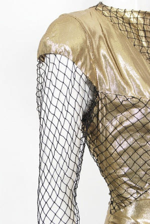 1985 Thierry Mugler Couture Metallic Gold Lamé & Fishnet High-Slit Gown