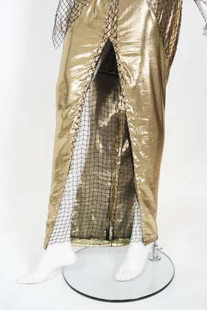 1985 Thierry Mugler Couture Metallic Gold Lamé & Fishnet High-Slit Gown