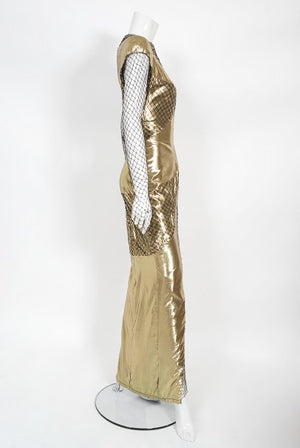 1985 Thierry Mugler Couture Metallic Gold Lamé & Fishnet High-Slit Gown