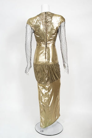 1985 Thierry Mugler Couture Metallic Gold Lamé & Fishnet High-Slit Gown