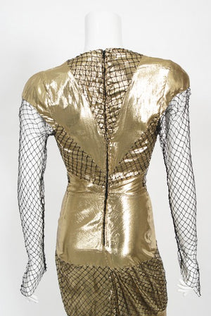 1985 Thierry Mugler Couture Metallic Gold Lamé & Fishnet High-Slit Gown
