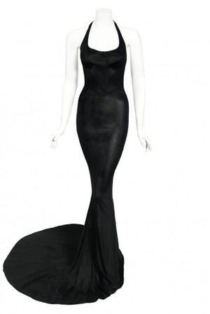 1998 Azzedine Alaia Black Knit Hourglass Halter Bias-Cut Trained Gown