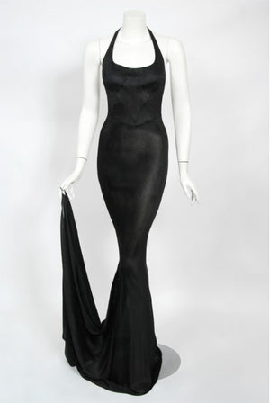 1998 Azzedine Alaia Black Knit Hourglass Halter Bias-Cut Trained Gown