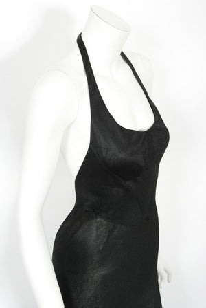 1998 Azzedine Alaia Black Knit Hourglass Halter Bias-Cut Trained Gown