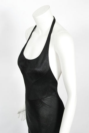 1998 Azzedine Alaia Black Knit Hourglass Halter Bias-Cut Trained Gown