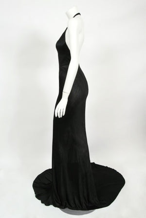 1998 Azzedine Alaia Black Knit Hourglass Halter Bias-Cut Trained Gown