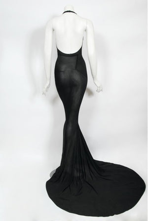 1998 Azzedine Alaia Black Knit Hourglass Halter Bias-Cut Trained Gown