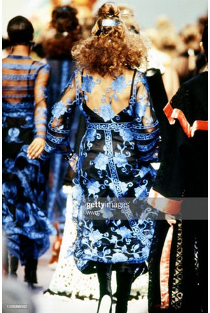 1994 Chloé by Karl Lagerfeld Runway Embroidered Roses Sheer Net Gown