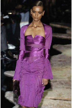2004 Gucci by Tom Ford Pleated Purple Silk Bell Sleeve Cut-Out Dress