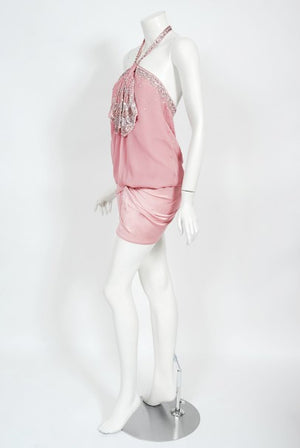2003 Christian Dior by Galliano Beaded Pale Pink Silk Flapper Mini Dress