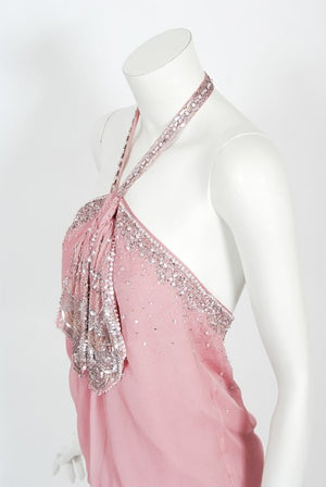 2003 Christian Dior by Galliano Beaded Pale Pink Silk Flapper Mini Dress