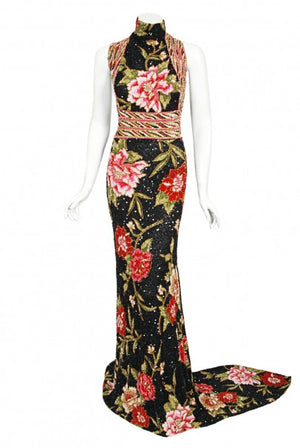 2004 Iconic Whitney Houston Custom Couture Fully Beaded Floral Silk Trained Gown