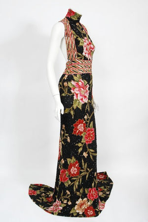 2004 Iconic Whitney Houston Custom Couture Fully Beaded Floral Silk Trained Gown