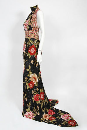 2004 Iconic Whitney Houston Custom Couture Fully Beaded Floral Silk Trained Gown