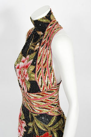 2004 Iconic Whitney Houston Custom Couture Fully Beaded Floral Silk Trained Gown