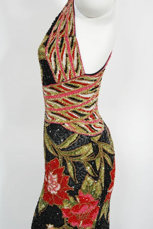 2004 Iconic Whitney Houston Custom Couture Fully Beaded Floral Silk Trained Gown