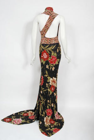 2004 Iconic Whitney Houston Custom Couture Fully Beaded Floral Silk Trained Gown