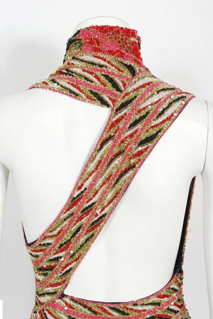 2004 Iconic Whitney Houston Custom Couture Fully Beaded Floral Silk Trained Gown