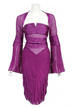 2004 Gucci by Tom Ford Pleated Purple Silk Bell Sleeve Cut-Out Dress