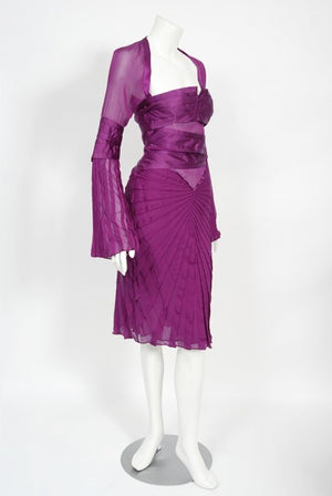 2004 Gucci by Tom Ford Pleated Purple Silk Bell Sleeve Cut-Out Dress