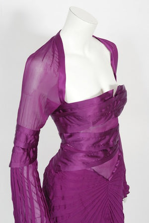 2004 Gucci by Tom Ford Pleated Purple Silk Bell Sleeve Cut-Out Dress