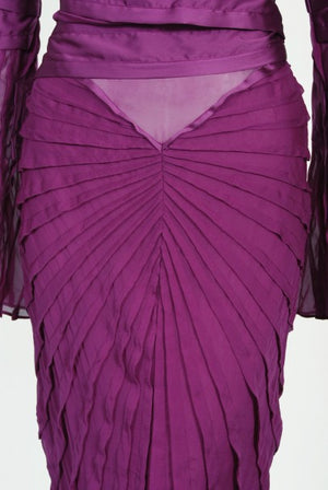 2004 Gucci by Tom Ford Pleated Purple Silk Bell Sleeve Cut-Out Dress