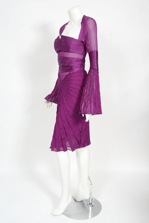 2004 Gucci by Tom Ford Pleated Purple Silk Bell Sleeve Cut-Out Dress