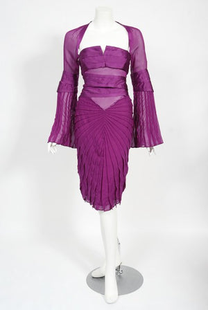 2004 Gucci by Tom Ford Pleated Purple Silk Bell Sleeve Cut-Out Dress