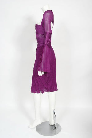 2004 Gucci by Tom Ford Pleated Purple Silk Bell Sleeve Cut-Out Dress