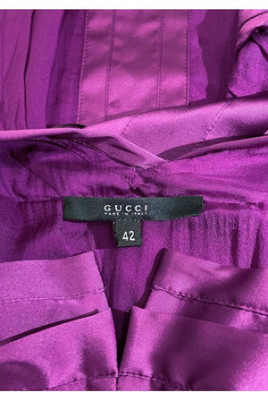 2004 Gucci by Tom Ford Pleated Purple Silk Bell Sleeve Cut-Out Dress