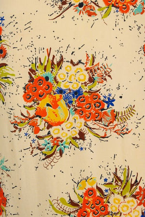 1930s Marigold Floral Garden Print Silk Flutter-Sleeve Ruffle Maxi Dress