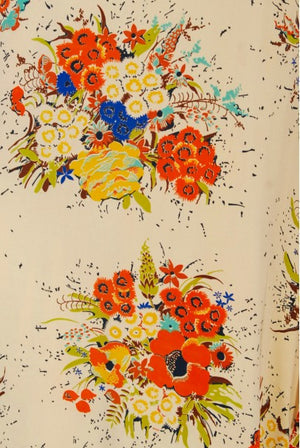 1930s Marigold Floral Garden Print Silk Flutter-Sleeve Ruffle Maxi Dress