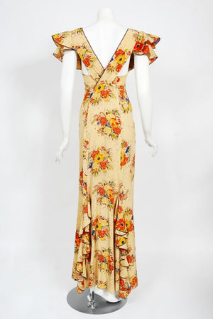 1930s Marigold Floral Garden Print Silk Flutter-Sleeve Ruffle Maxi Dress