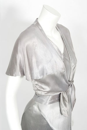 1930's Old Hollywood Silver Satin Bias-Cut Gown & Flutter-Sleeve Jacket