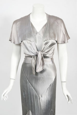 1930's Old Hollywood Silver Satin Bias-Cut Gown & Flutter-Sleeve Jacket