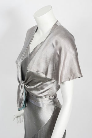 1930's Old Hollywood Silver Satin Bias-Cut Gown & Flutter-Sleeve Jacket