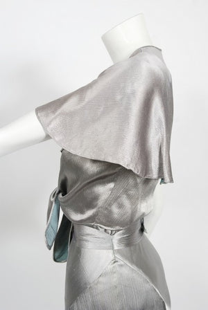 1930's Old Hollywood Silver Satin Bias-Cut Gown & Flutter-Sleeve Jacket
