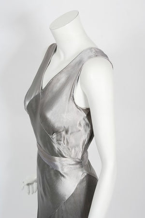 1930's Old Hollywood Silver Satin Bias-Cut Gown & Flutter-Sleeve Jacket