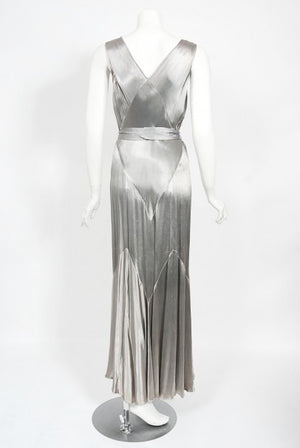 1930's Old Hollywood Silver Satin Bias-Cut Gown & Flutter-Sleeve Jacket