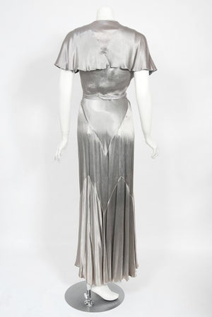 1930's Old Hollywood Silver Satin Bias-Cut Gown & Flutter-Sleeve Jacket
