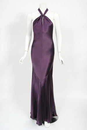 1998 Gianni Versace Couture Purple Silk Halter Bias-Cut Sculpted Gown