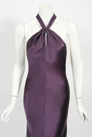 1998 Gianni Versace Couture Purple Silk Halter Bias-Cut Sculpted Gown