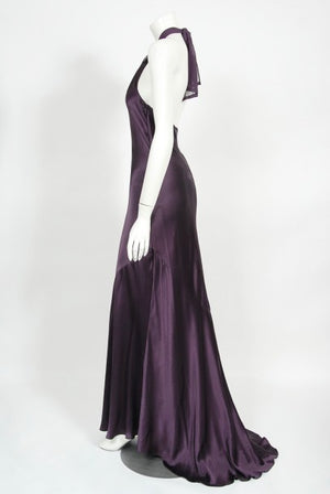 1998 Gianni Versace Couture Purple Silk Halter Bias-Cut Sculpted Gown